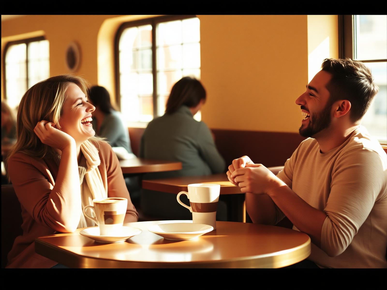 Two friends laughing over coffee